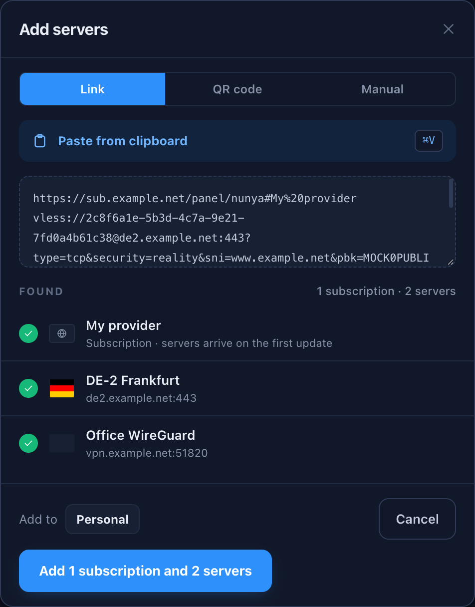 The Add servers sheet, having found a subscription, a WireGuard config and a VLESS server in pasted text