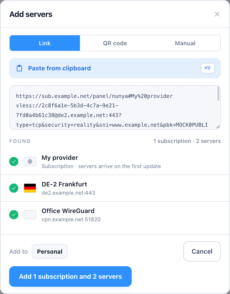 The Add servers sheet, having found a subscription, a WireGuard config and a VLESS server in pasted text