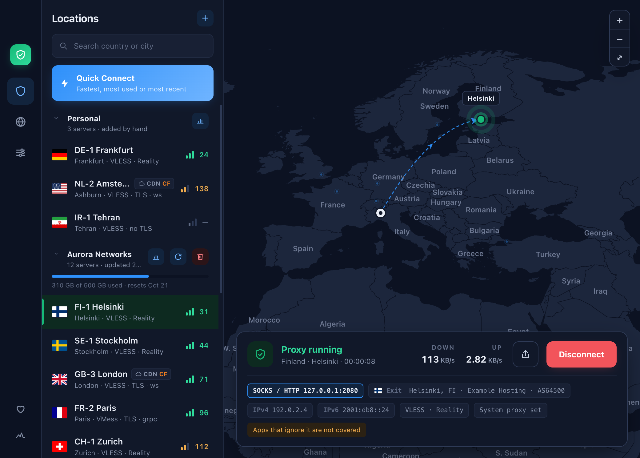 Nunya connected through a server in Helsinki: the server list, the route on the map, and the status card with live traffic