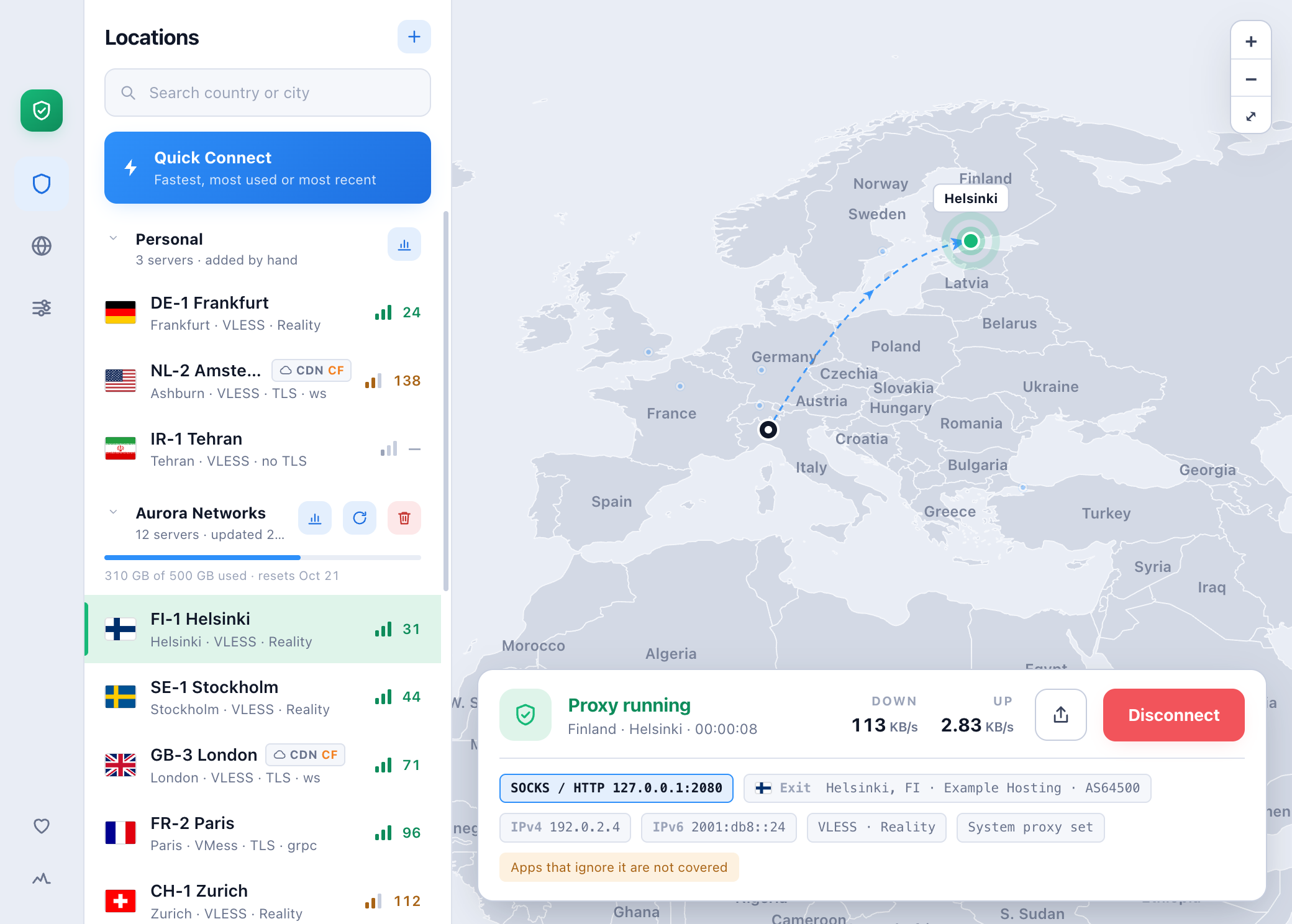Nunya connected through a server in Helsinki: the server list, the route on the map, and the status card with live traffic