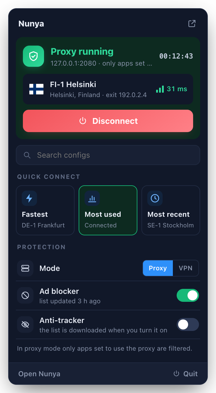 The menu-bar popover: Proxy running on FI-1 Helsinki with a Disconnect button, Quick Connect, and the mode and blocker switches