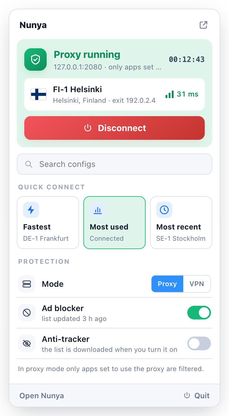 The menu-bar popover: Proxy running on FI-1 Helsinki with a Disconnect button, Quick Connect, and the mode and blocker switches
