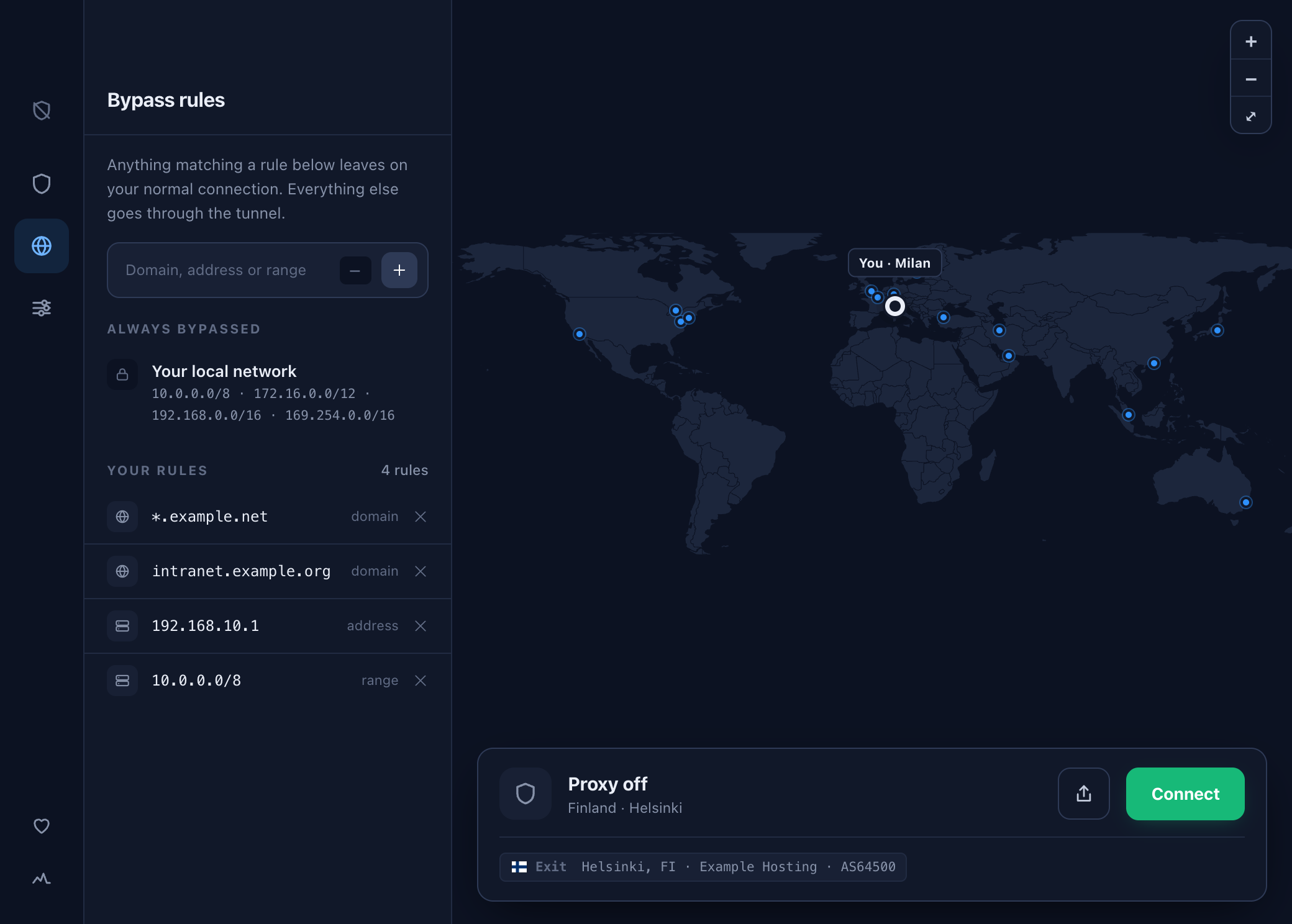 Bypass rules for domains, an address and a range, beside the local network ranges that are always bypassed