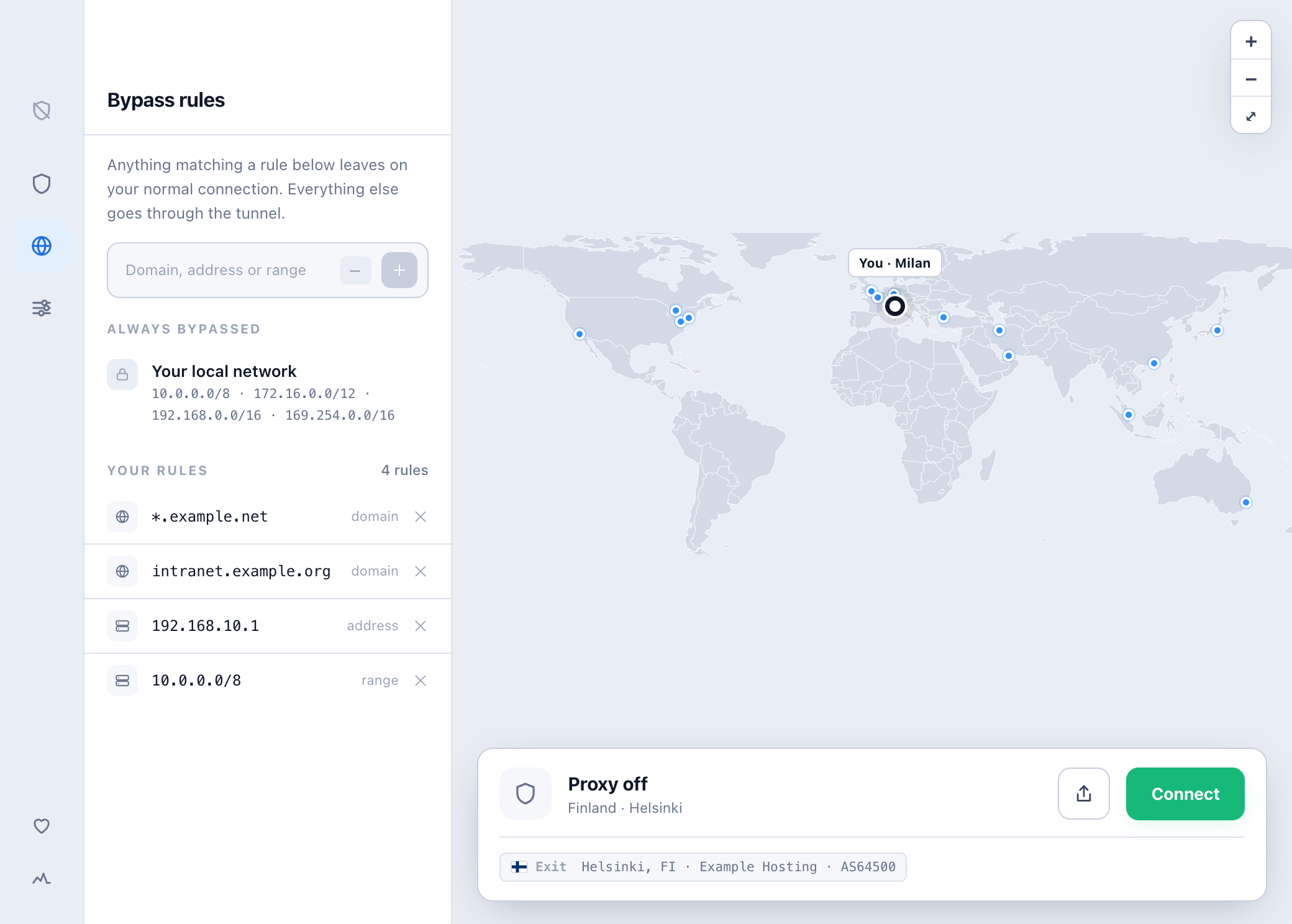 Bypass rules for domains, an address and a range, beside the local network ranges that are always bypassed