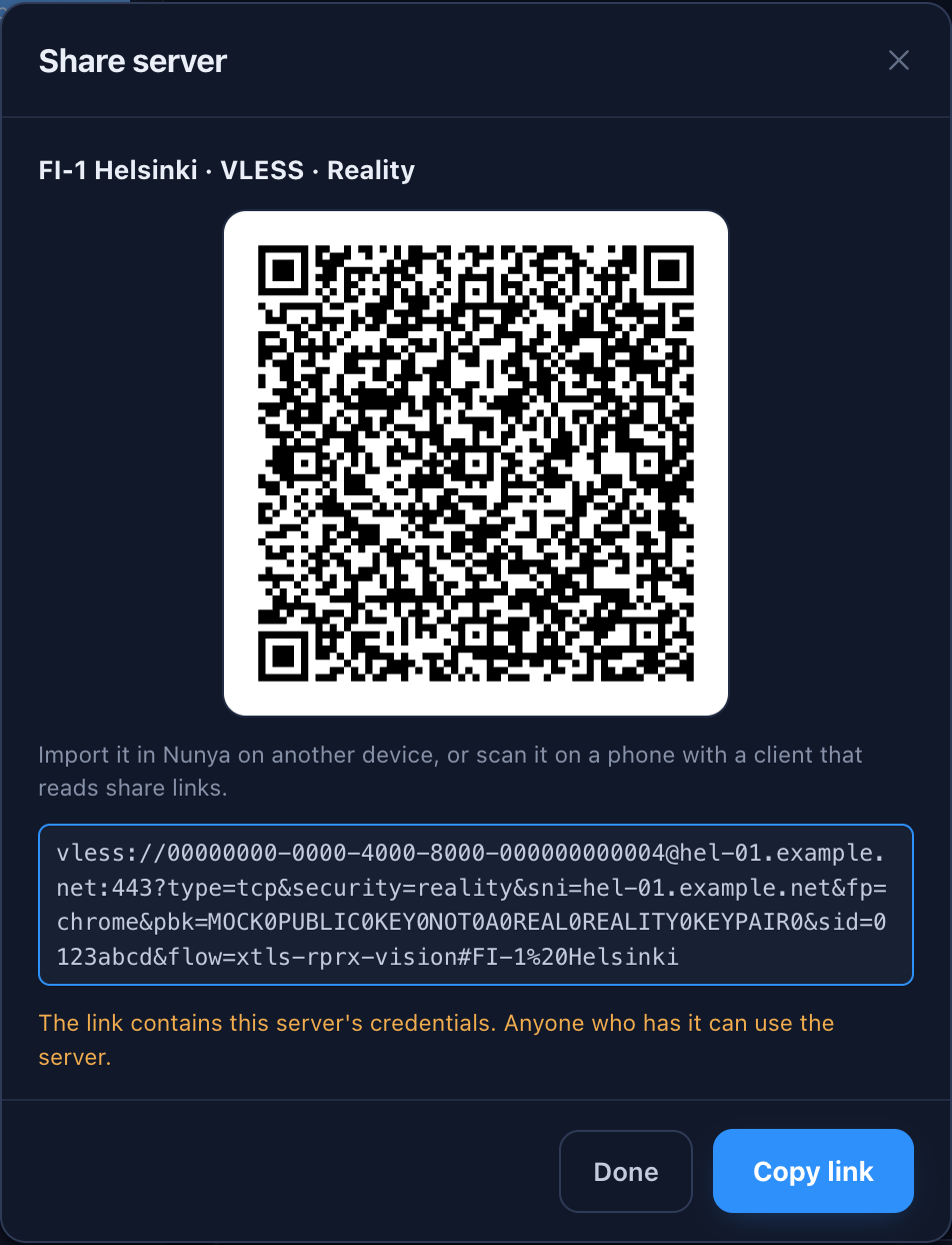 The Share sheet with a QR code and the server's share link