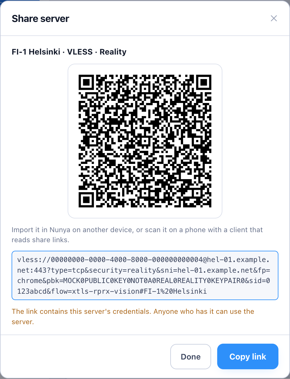 The Share sheet with a QR code and the server's share link